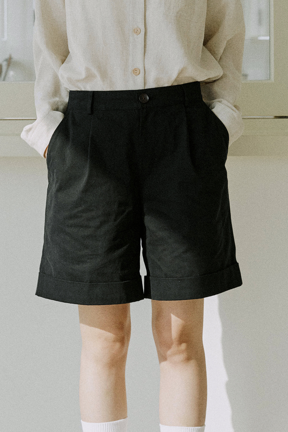 unisex cuff half pants black [3color]