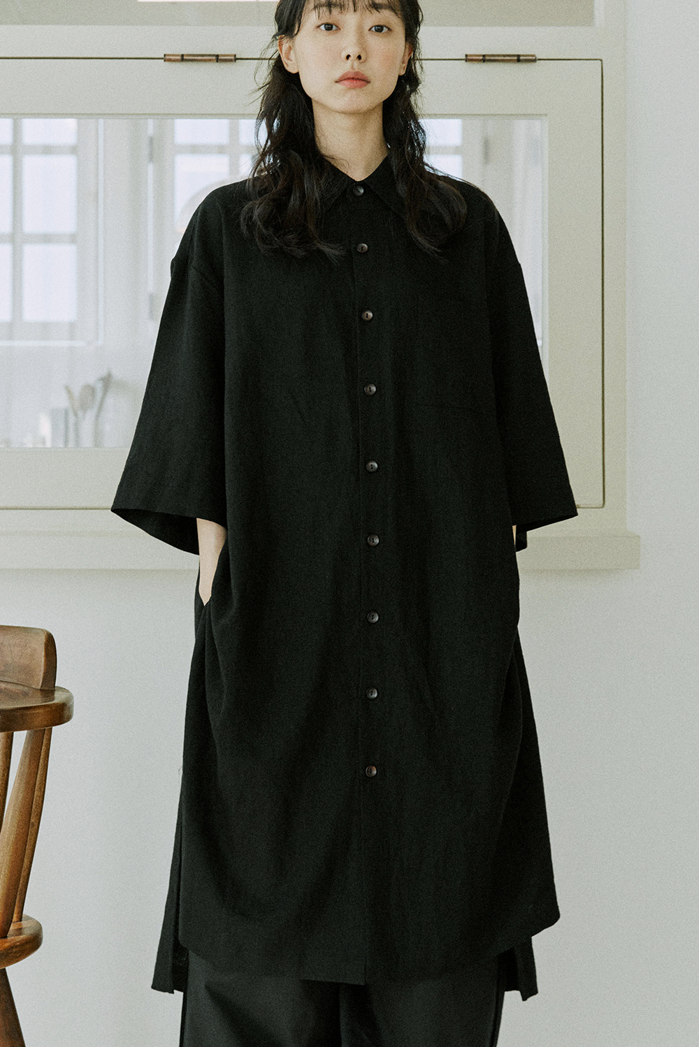 unisex wide sleeve long shirts black [3color]