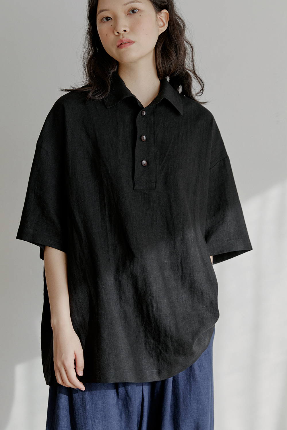 unisex half henlyneck shirts black [4color]
