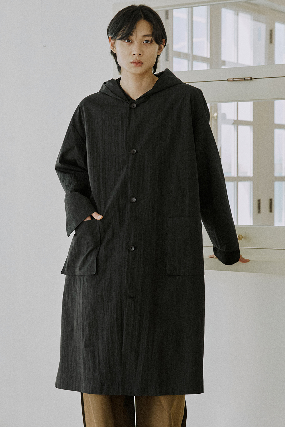 unisex long hood coat black [3color]
